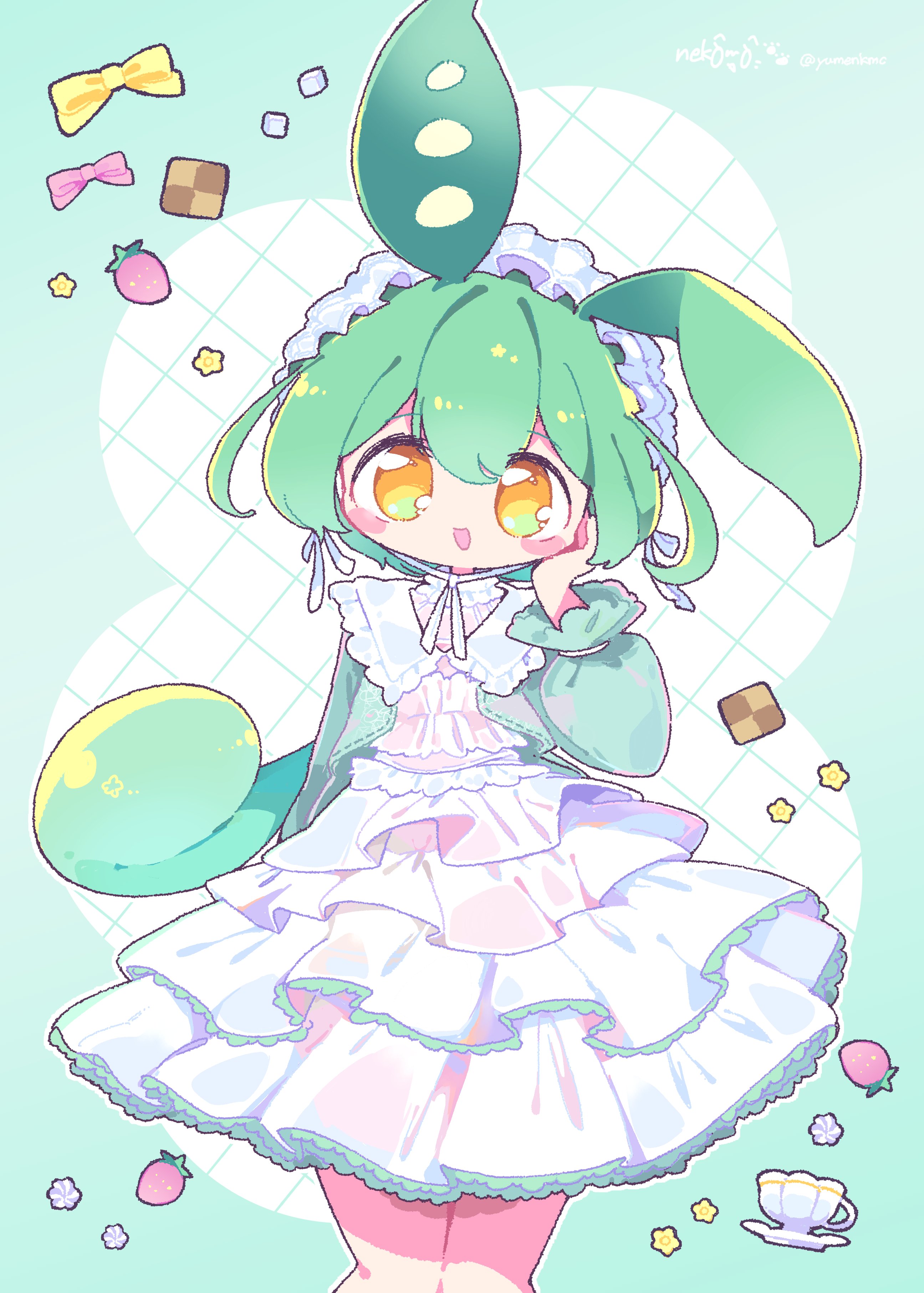 nekomo (yumenkmc), zundamon, voicevox, absurdres, commentary, highres, symbol-only commentary, 1girl, animal ears, bow, checkerboard cookie, collared shirt, cookie, cowboy shot, cup, flower, food, fruit, green hair, green jacket, hairband, hand on own cheek, hand on own face, jacket, layered skirt, lolita hairband, open clothes, open jacket, open mouth, petticoat, pink bow, shirt, short hair, skirt, smile, solo, strawberry, tail, tareme, teacup, white flower, white shirt, white skirt, yellow bow, yellow eyes