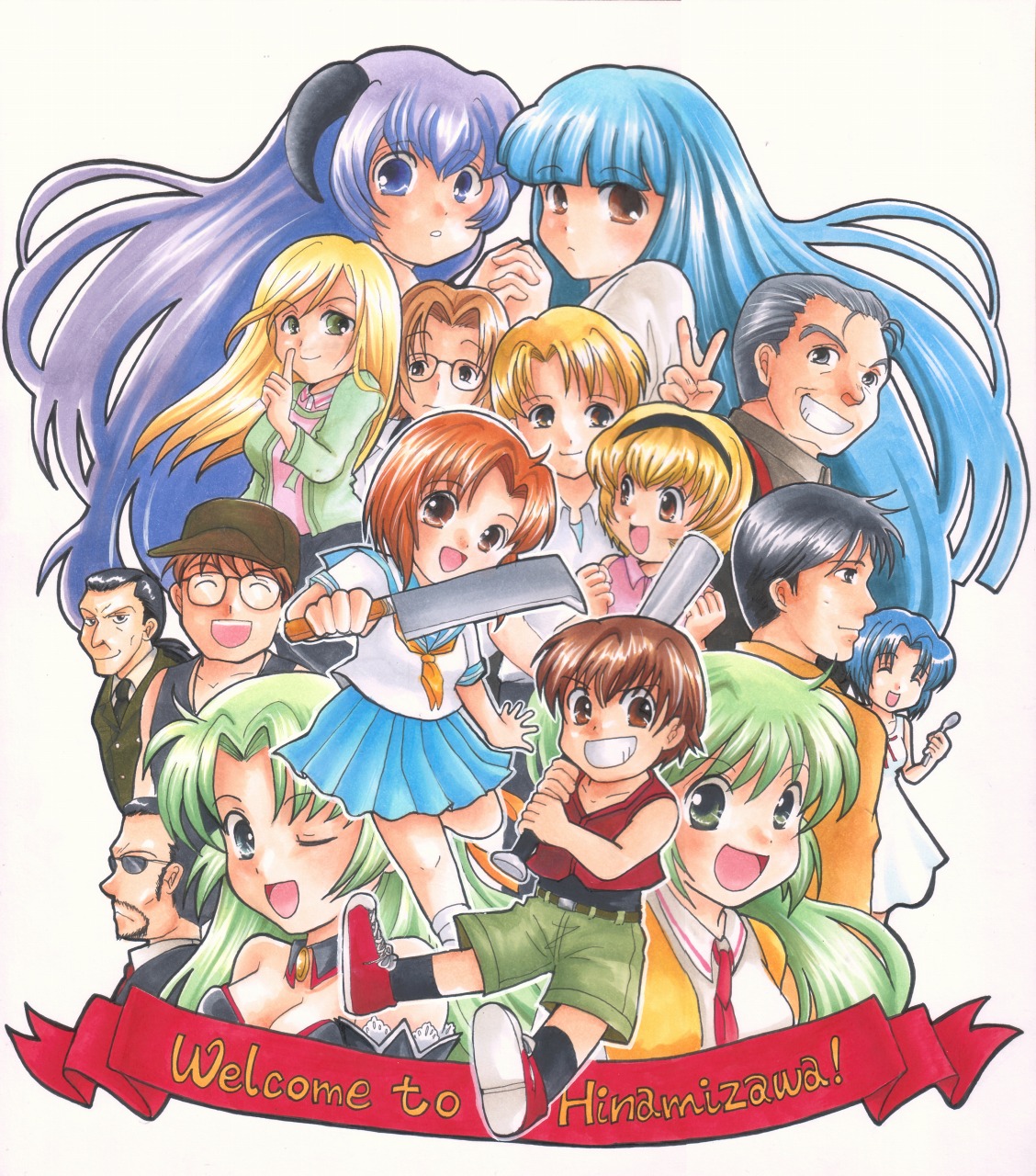 gintarou (puipuiginta), akasaka mamoru, chie rumiko, furude rika, hanyuu, houjou satoko, houjou satoshi, irie kyousuke, kasai tatsuyoshi, maebara keiichi, okonogi tetsurou, ooishi kuraudo, ryuuguu rena, sonozaki mion, sonozaki shion, takano miyo, tomitake jirou, 07th expansion, higurashi no naku koro ni, no naku koro ni (series), bad id, bad pixiv id, highres, marker (medium), traditional media, 00s, 6+boys, 6+girls, blonde hair, everyone, multiple boys, multiple girls, siblings, sisters, twins