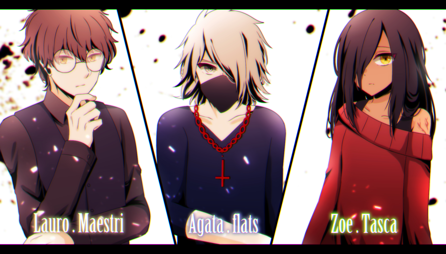 nanoko, higyaku no noel, highres, 1girl, 2boys, agatha flattz, aged down, bandana, bandana over mouth, black hair, brown hair, cross, cross necklace, dark-skinned female, dark skin, glasses, grey eyes, grey hair, hair over one eye, jewelry, lauro maestri, multiple boys, necklace, off-shoulder shirt, off shoulder, red shirt, shirt, short hair, vest, yellow eyes, zoe taska