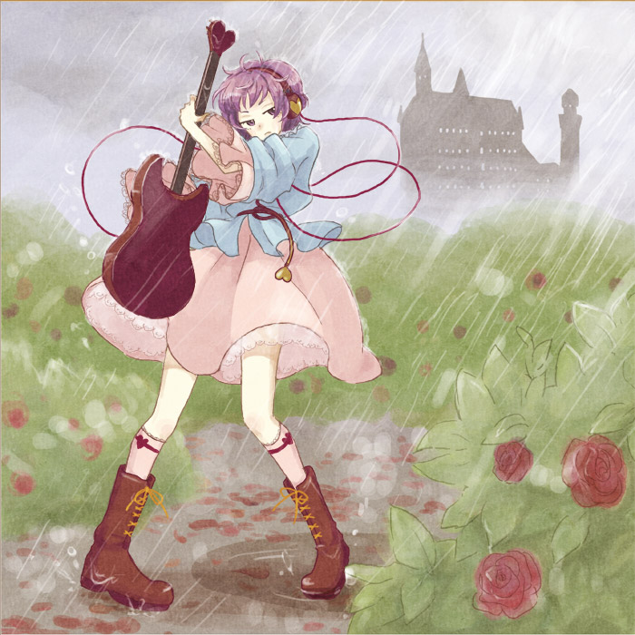 eeyasu, komeiji satori, gibson sg, touhou, 1girl, boots, female focus, flower, guitar, hairband, headphones, heart, instrument, mansion, purple eyes, purple hair, rain, rose, short hair, skirt, solo, storm, third eye, wind