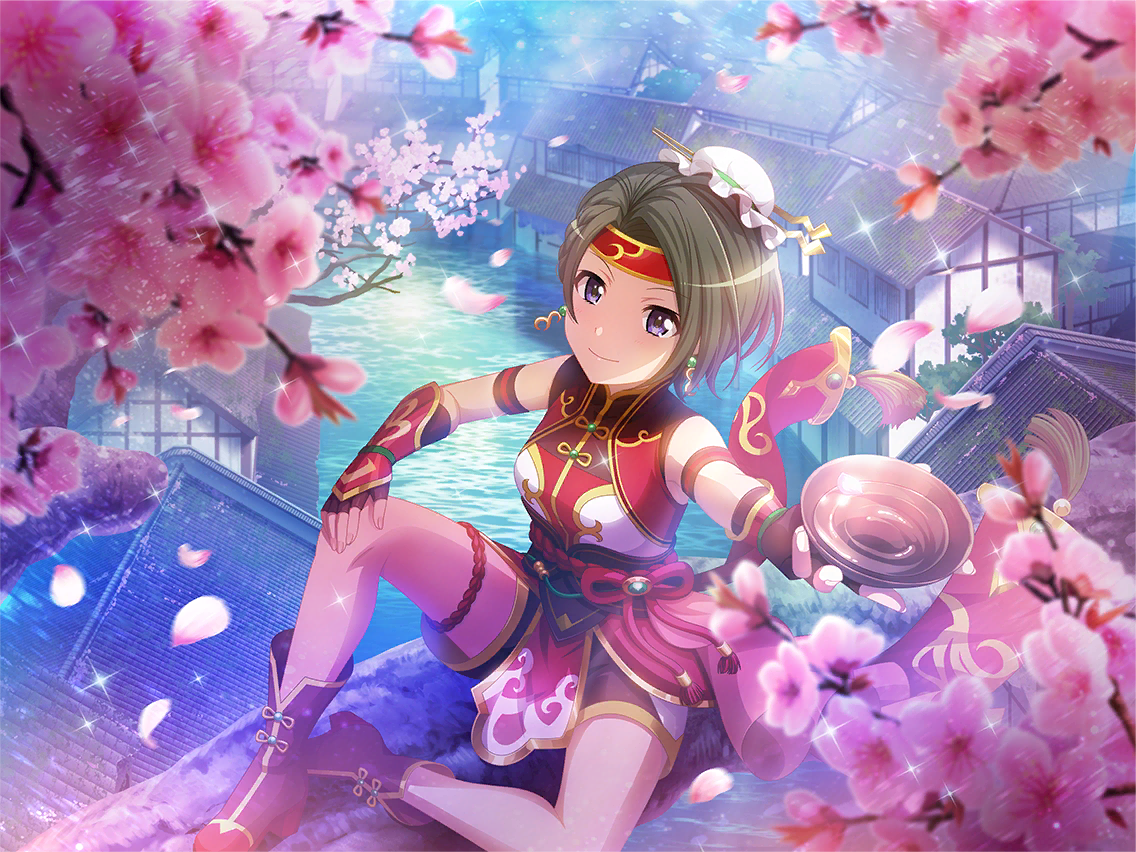 minase suzu, zhang fei (romance of the three kingdoms), shoujo kageki revue starlight, shoujo kageki revue starlight -re live-, game cg, official art, 1girl, blurry, blurry foreground, boots, brown boots, building, cherry blossoms, chinese clothes, closed mouth, cosplay, cup, dress, earrings, grey hair, headband, holding, holding cup, jewelry, leg up, looking at viewer, on roof, petals, purple eyes, red dress, red headband, sakazuki, short hair, sitting, smile, solo, upper body, zhang fei (romance of the three kingdoms) (cosplay)