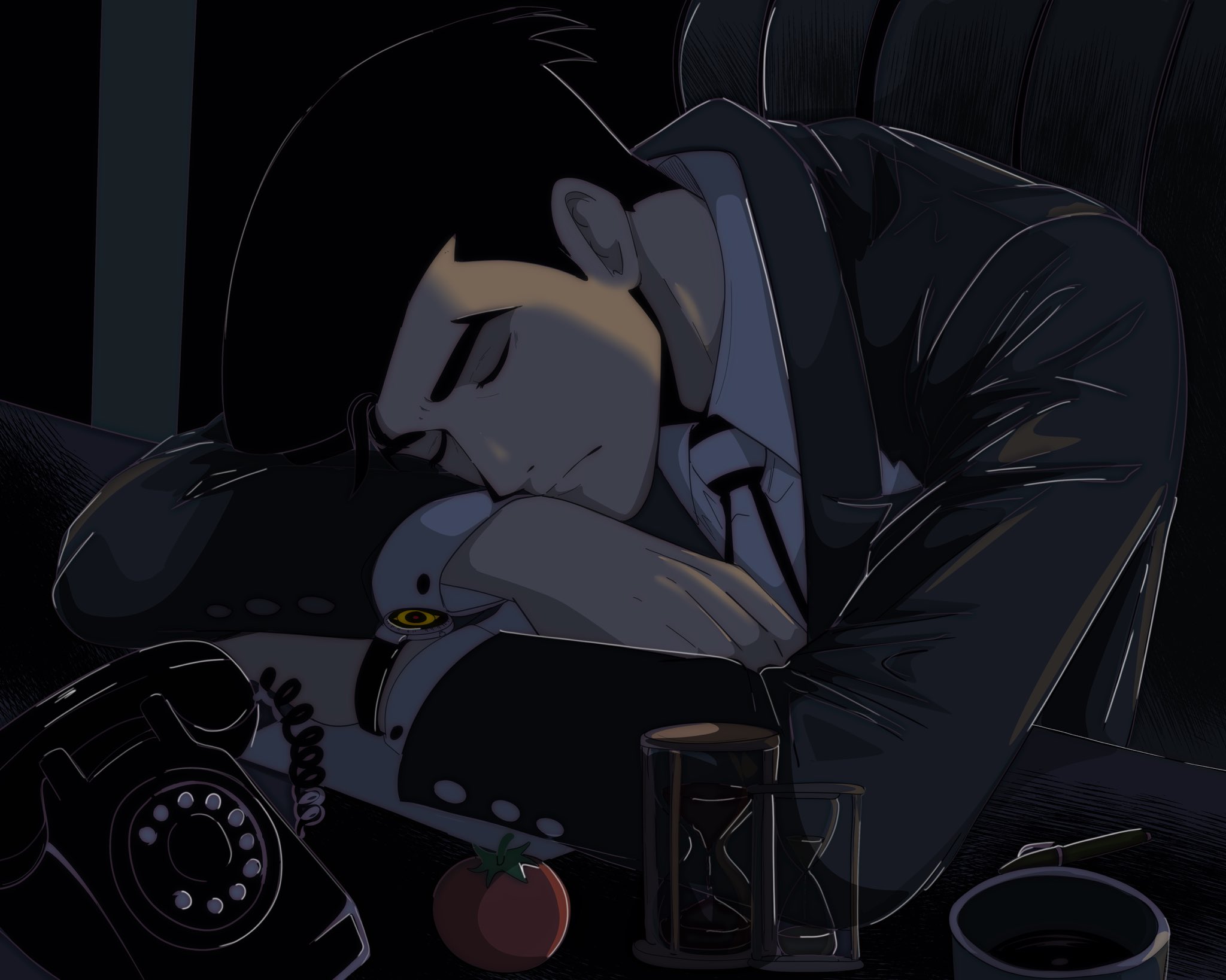megadeus mommy, roger smith, the big o, commentary, english commentary, highres, 1boy, antique phone, ashtray, black hair, black jacket, closed eyes, closed mouth, collared shirt, hourglass, jacket, long sleeves, male focus, necktie, pen, phone, rotary phone, shirt, short hair, sleeping, sleeping on desk, solo, striped necktie, tomato, white shirt