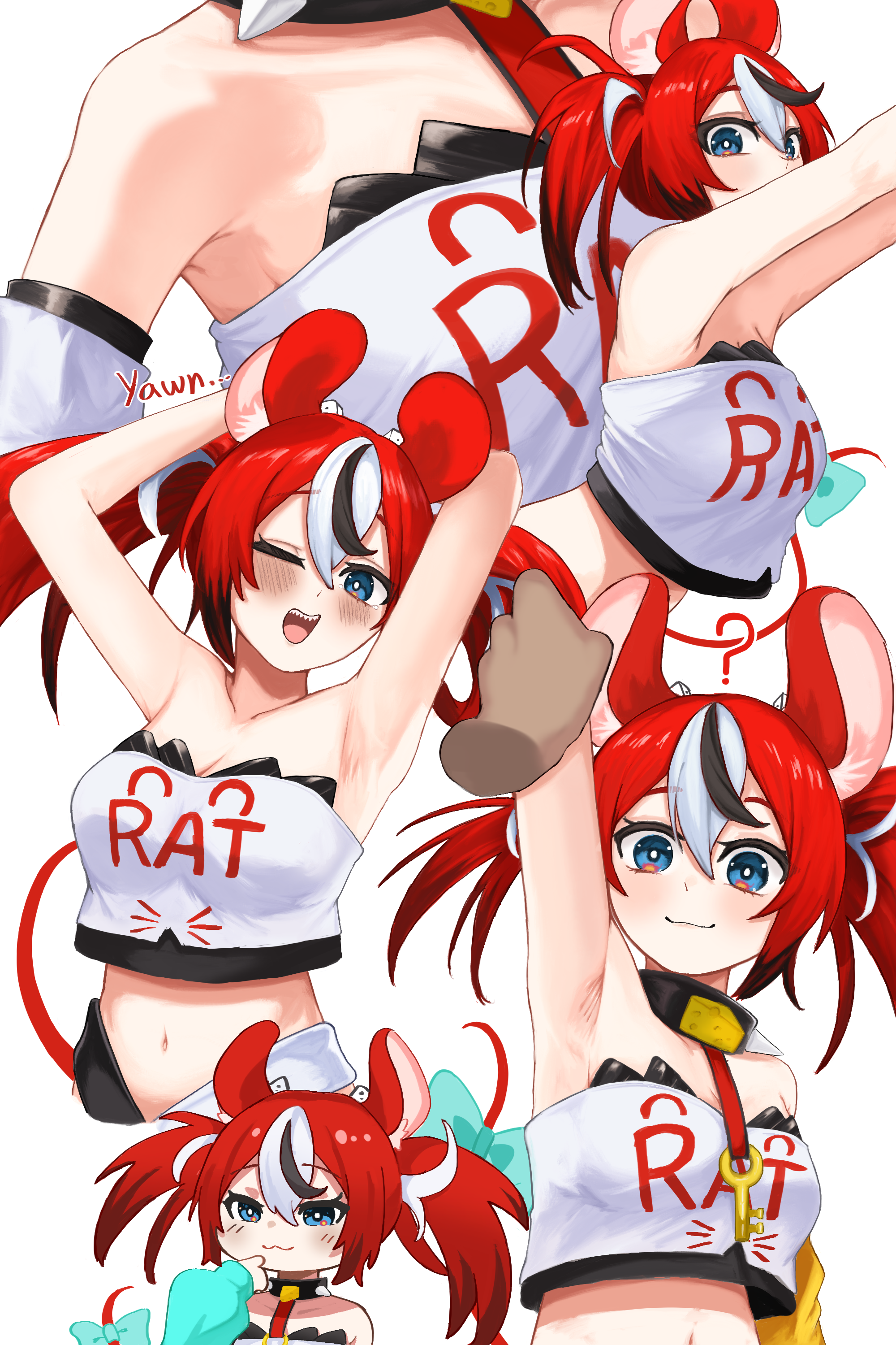 niwasa izuna, hakos baelz, hakos baelz (1st costume), hololive, hololive english, absurdres, highres, 1girl, 1other, ?, animal ear fluff, animal ears, armpit crease, armpit focus, armpits, black hair, blue eyes, blush, bow, breasts, cheese, cleavage, clothes writing, collar, crop top, detached sleeves, dice, dice hair ornament, double-parted bangs, english text, food, grabbing another's arm, hair between eyes, hair ornament, key, leaning, mouse tail, multicolored hair, multiple views, navel, one eye closed, presenting armpit, red hair, sharp teeth, shirt, spiked collar, spikes, spoken question mark, tail, tail bow, tail ornament, teeth, twintails, uneven twintails, virtual youtuber, white hair, white shirt, yawning