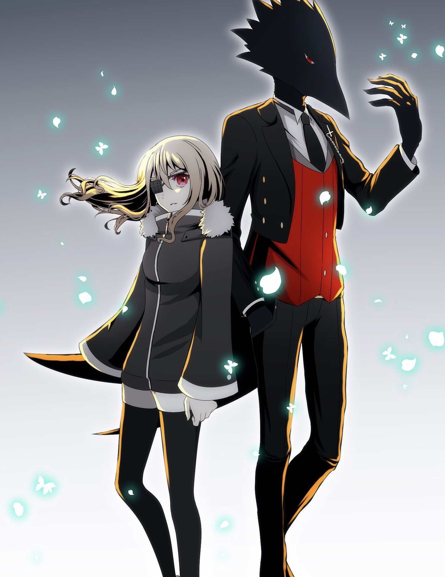 nanoko, caron (higyaku no noel), noel cerquetti, higyaku no noel, highres, 1boy, 1girl, animal head, bird boy, black coat, black jacket, black necktie, black pantyhose, black skin, black suit, blonde hair, coat, colored skin, cross pin, demon boy, eyepatch, formal clothes, jacket, long hair, necktie, pantyhose, red eyes, shorts, suit, vest, winter clothes, winter coat