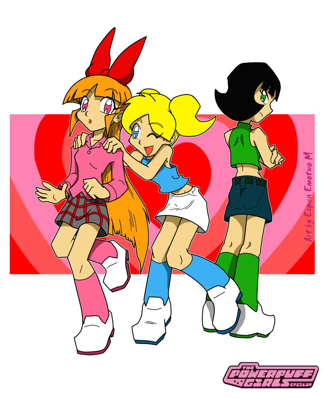emotwo, blossom (ppg), bubbles (ppg), buttercup (ppg), cartoon network, powerpuff girls, white footwear, highres, 3girls, black hair, black skirt, blonde hair, blue eyes, blue shirt, blue socks, bow, crossed arms, green eyes, green shirt, green socks, grey skirt, hair bow, heart, heart background, kneehighs, long hair, long sleeves, multiple girls, navel, one eye closed, orange hair, pink shirt, pink socks, plaid clothes, plaid skirt, red bow, red eyes, shirt, short hair, siblings, sisters, skirt, sleeveless, sleeveless shirt, socks, tank top, twintails, white background, white skirt, wink