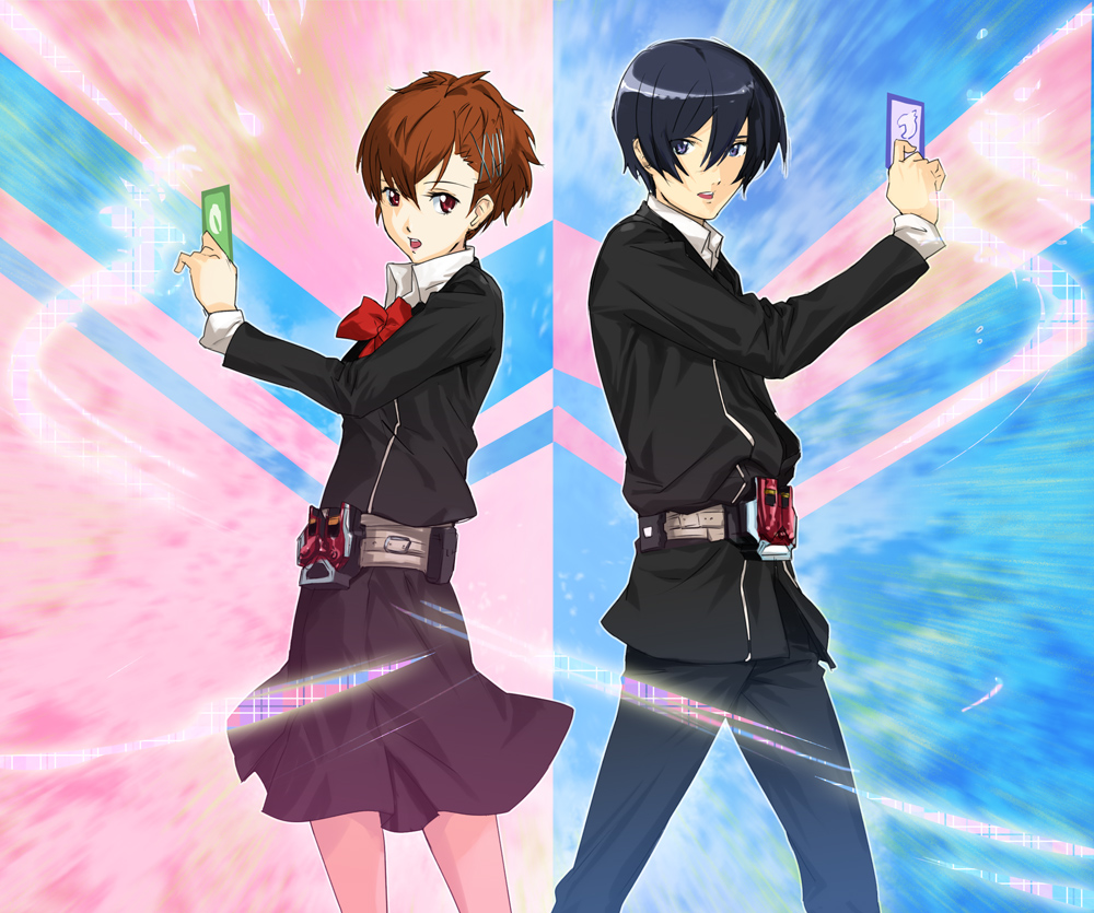 makacoon, shiomi kotone, yuuki makoto (persona 3), atlus, kamen rider, kamen rider w, persona, persona 3, persona 3 portable, belt, blue eyes, blue hair, brown eyes, brown hair, card, hair ornament, hairpin, henshin, holding, holding card, parody, ribbon, school uniform, short hair, skirt
