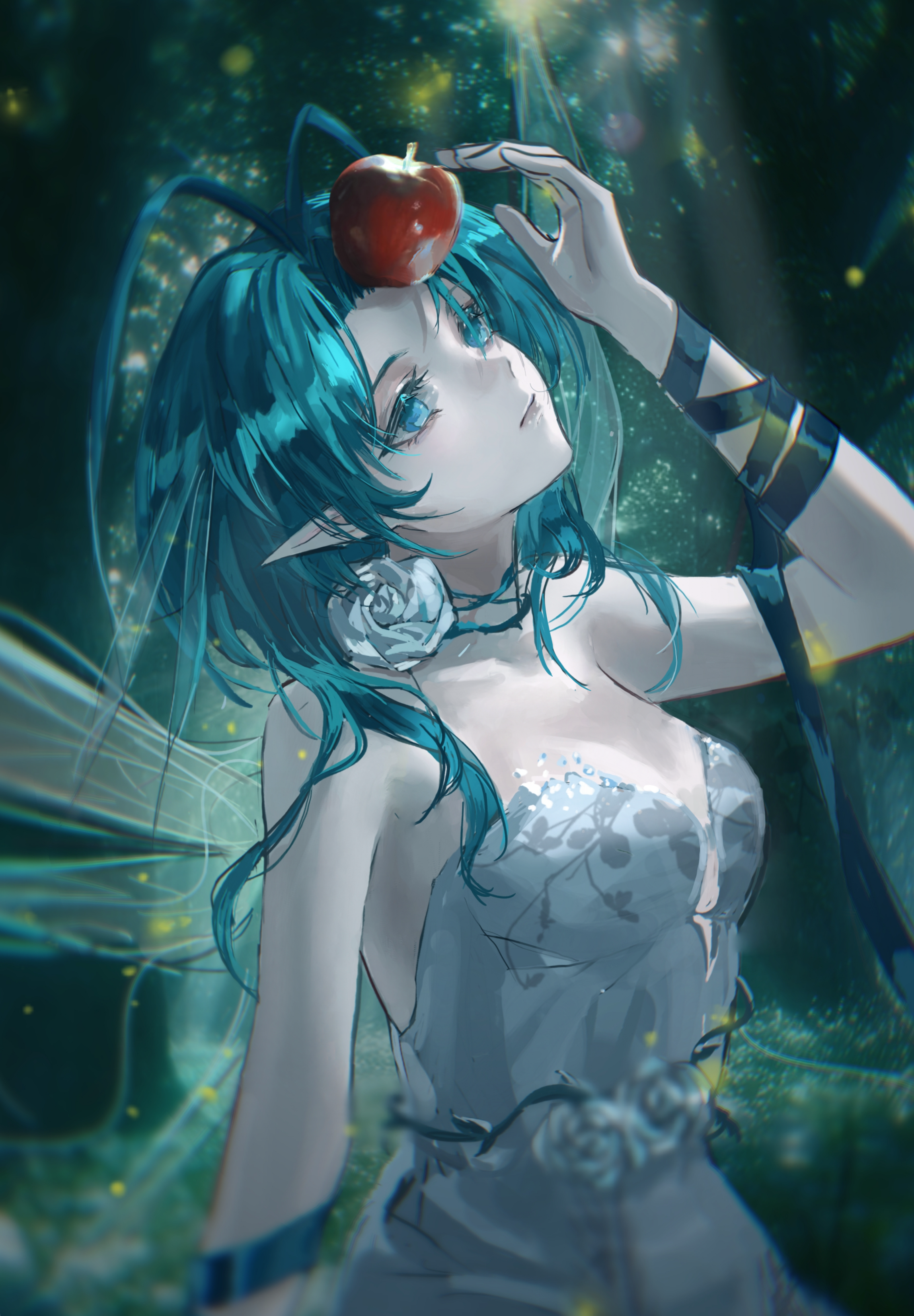 mantis (path to nowhere), path to nowhere, absurdres, chinese commentary, commentary request, highres, 1girl, antenna hair, apple, apple on head, arm ribbon, arm up, bare shoulders, black ribbon, blue eyes, breasts, closed mouth, curtained hair, dress, flower, food, forest, fruit, green eyes, hair flower, hair ornament, insect wings, lens flare, light rays, long hair, looking up, nature, outdoors, pointy ears, ribbon, rose, small breasts, solo, strapless, strapless dress, sunbeam, sunlight, tree, upper body, white dress, white flower, white rose, wings, zuiaixiaoxiong91834