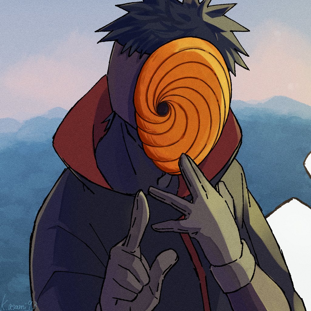 tobi (naruto), uchiha obito, naruto (series), naruto shippuuden, 1boy, akatsuki uniform, artist name, asamishi, black coat, black hair, blurry, coat, gloves, grey gloves, long sleeves, male focus, mask, orange mask, short hair, solo, upper body