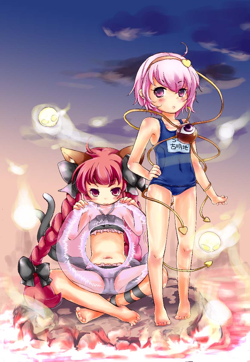 renrenzu, kaenbyou rin, komeiji satori, touhou, highres, 2girls, animal ears, barefoot, braid, cat ears, cat girl, cat tail, feet, female focus, flat chest, hair ribbon, hairband, heart, innertube, multiple girls, multiple tails, navel, one-piece swimsuit, pink hair, purple eyes, purple hair, red eyes, red hair, ribbon, school swimsuit, short hair, sitting, swim ring, swimsuit, tail, twin braids, twintails