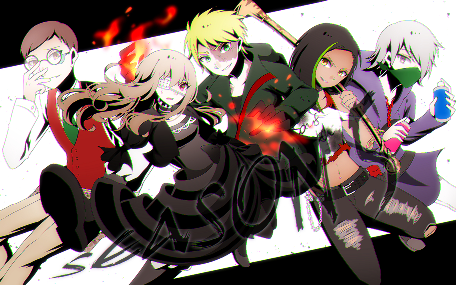 nanoko, fugo dressel, noel cerquetti, higyaku no noel, 2girls, 3boys, aerosol, agatha flattz, bandana, bandana over mouth, black hair, black jacket, blonde hair, brown hair, burn scar, choker, crowbar, dark-skinned female, dark skin, dress, eyepatch, fire, glasses, green eyes, grey eyes, grey hair, hair over one eye, holding, holding crowbar, hood, hoodie, jacket, lauro maestri, long hair, medical eyepatch, multicolored hair, multiple boys, multiple girls, necktie, purple hood, red eyes, red vest, scar, scar on face, severed arm, severed limb, short hair, smile, spray can, streaked hair, vest, yellow eyes, zoe taska