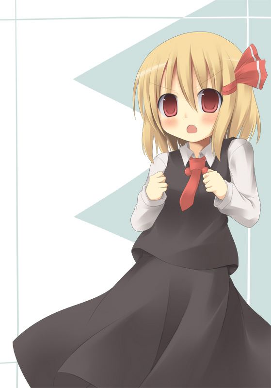 nami (cassette), rumia, embodiment of scarlet devil, touhou, 1girl, blonde hair, female focus, hair ribbon, red eyes, ribbon, short hair, solo, white background