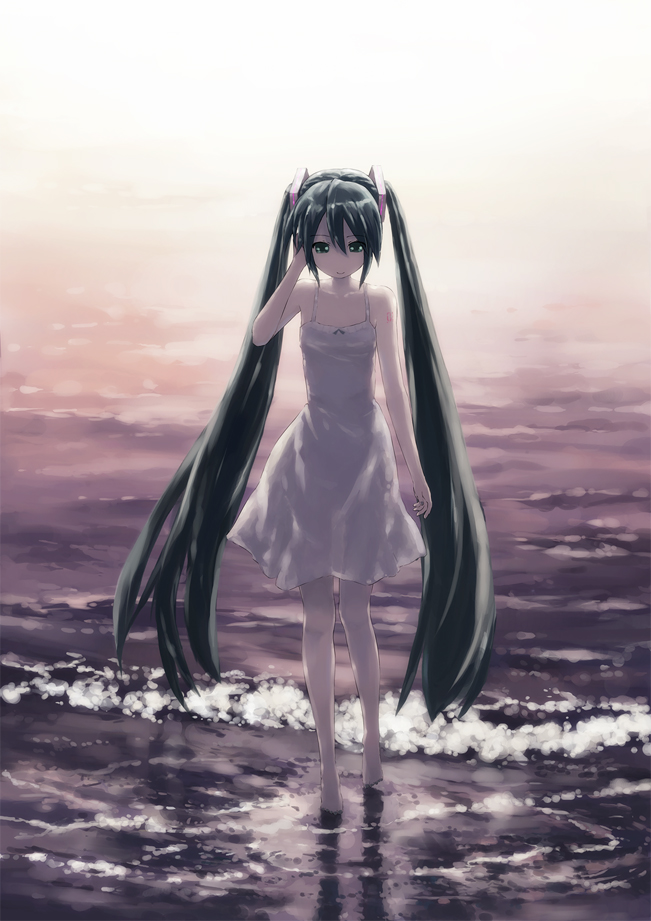 isou nagi, hatsune miku, vocaloid, 1girl, barefoot, beach, dress, female focus, green eyes, green hair, legs, long hair, matching hair/eyes, outdoors, solo, sundress, sunset, twintails, very long hair, water