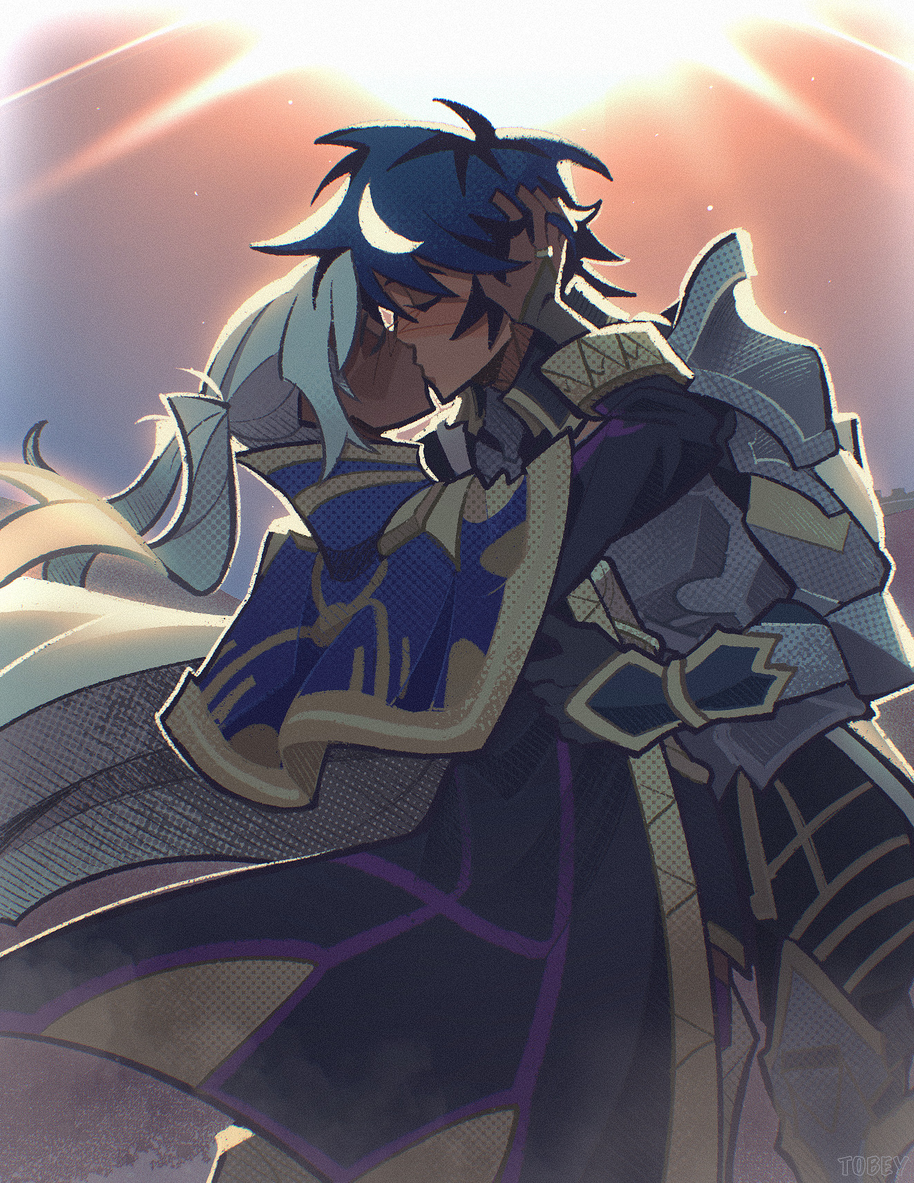chrom (fire emblem), female robin (fire emblem), female robin (grandmaster) (fire emblem), fire emblem, fire emblem awakening, nintendo, highres, 1boy, 1girl, armor, blush, bridal gauntlets, closed eyes, coat, couple, gloves, hug, kiss, official alternate costume, sun, sunlight, t0bey, twintails, white hair