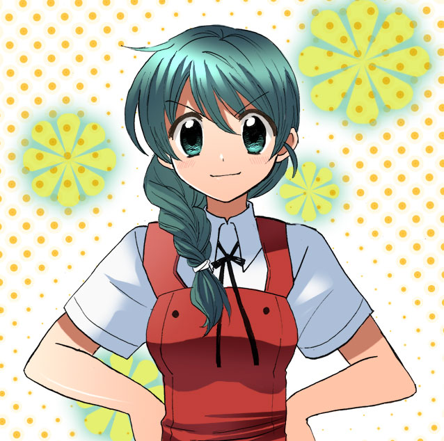 ayanashi kunio, kanimayo, natsume (hidamari sketch), hidamari sketch, bad id, bad pixiv id, 00s, 1girl, braid, female focus, green eyes, green hair, hair over shoulder, hands on own hips, long hair, matching hair/eyes, school uniform, solo, yamabuki high school uniform