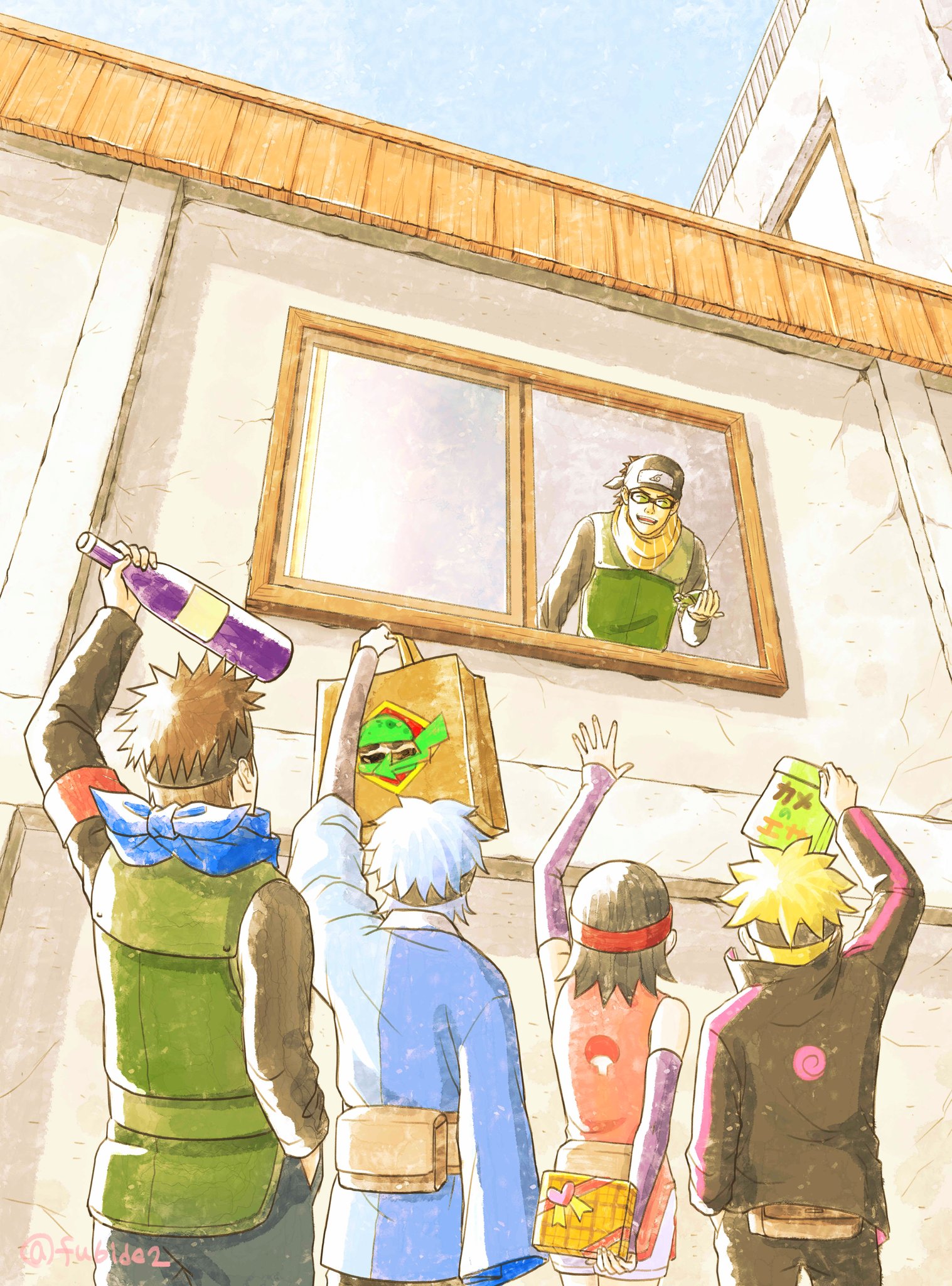 matsu (fu6ide2), mitsuki (naruto), sarutobi konohamaru, uchiha sarada, uzumaki boruto, boruto: naruto next generations, naruto (series), commentary, highres, 1girl, 4boys, arm behind back, arm up, bag, bandana, bandana around neck, black hair, black headband, blonde hair, blue bandana, blue hair, bottle, brown hair, detached sleeves, flak jacket, forehead protector, gift, glasses, hand in pocket, headband, holding, holding bag, holding bottle, holding gift, jacket, mugino (naruto), multiple boys, open mouth, pouch, red headband, shirt, sleeves past fingers, sleeves past wrists, smile, striped clothes, striped shirt, twitter username, waving, window