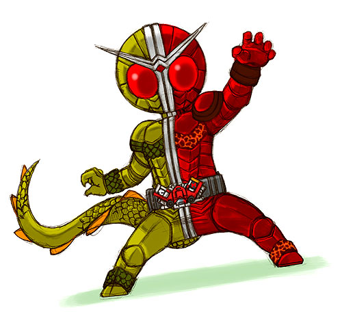 kaos, kamen rider double, magma dopant, t-rex dopant, kamen rider, kamen rider w, lowres, antennae, belt, male focus, solo, tail