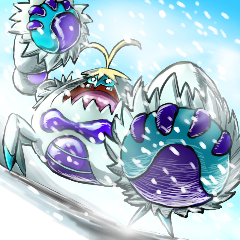 kaosu (kaosu0905), crabominable, nintendo, pokemon, commentary request, animal focus, full body, gen 7 pokemon, no humans, one-hour drawing challenge, open mouth, outdoors, pokemon (creature), pokemon focus, snow, snowing, solo, teeth
