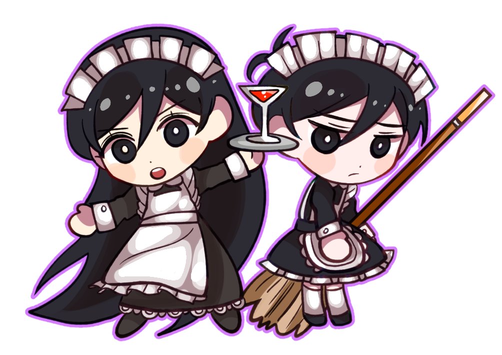 yougotnacho, mari (faraway) (omori), mari (omori), sunny (omori), omori, commentary request, korean commentary, 1boy, 1girl, absurdly long hair, alcohol, alternate costume, antenna hair, apron, arms at sides, back-to-back, black dress, black eyes, black hair, black shoes, bright pupils, broom, brother and sister, chibi, chibi only, closed mouth, collared dress, contrast collar, crossdressing, crossdressing (mtf), cup, dot nose, double-parted bangs, dress, drinking glass, enmaided, flat chest, frilled apron, frilled dress, frills, frown, full body, glass, hair behind ear, hair between eyes, headdress, holding, holding broom, holding tray, jitome, long dress, long hair, long sleeves, looking at viewer, maid, maid apron, maid headdress, medium dress, open mouth, outline, outstretched arms, purple outline, red wine, shoes, short hair, siblings, simple background, sleeve cuffs, standing, straight hair, tareme, teeth, thighhighs, tray, upper teeth only, v-shaped eyebrows, very long hair, very short hair, white apron, white background, white headdress, white pupils, white thighhighs, wine, wine glass, zettai ryouiki