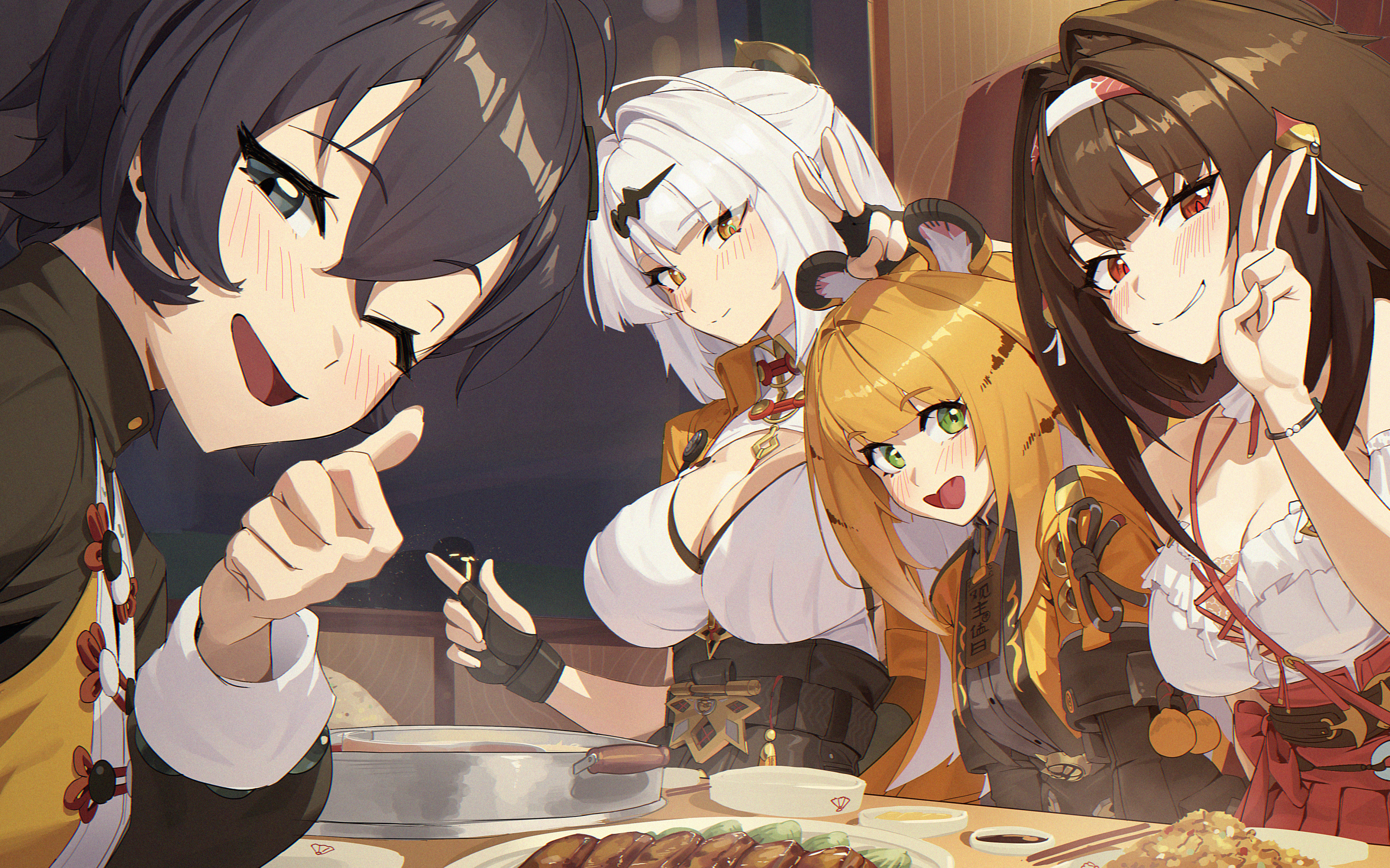 roro (tpghksdlzpq), belle (zenless zone zero), ju fufu, ye shunguang, yixuan (zenless zone zero), zenless zone zero, commentary, english commentary, highres, 4girls, :d, ;d, animal ear fluff, animal ears, black hair, blonde hair, blush, breasts, brown hair, casual, cleavage, dinner, fingerless gloves, gloves, green eyes, grey eyes, grin, hairband, large breasts, medium breasts, mole, mole on breast, multiple girls, official alternate costume, one eye closed, open mouth, red eyes, small breasts, smile, thumbs up, tiger ears, v, white hair, yellow eyes