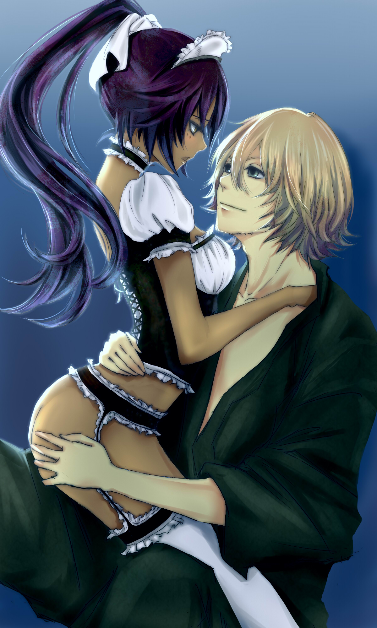 maboroshi, shihouin yoruichi, urahara kisuke, bleach, ass grab, bad id, bad pixiv id, highres, 00s, 1boy, 1girl, alternate costume, ass, butt crack, corset, couple, dark-skinned female, dark skin, enmaided, garter belt, hetero, hug, interracial, maid, no panties, ponytail, purple hair, straddling, thighhighs, underbust, yellow eyes