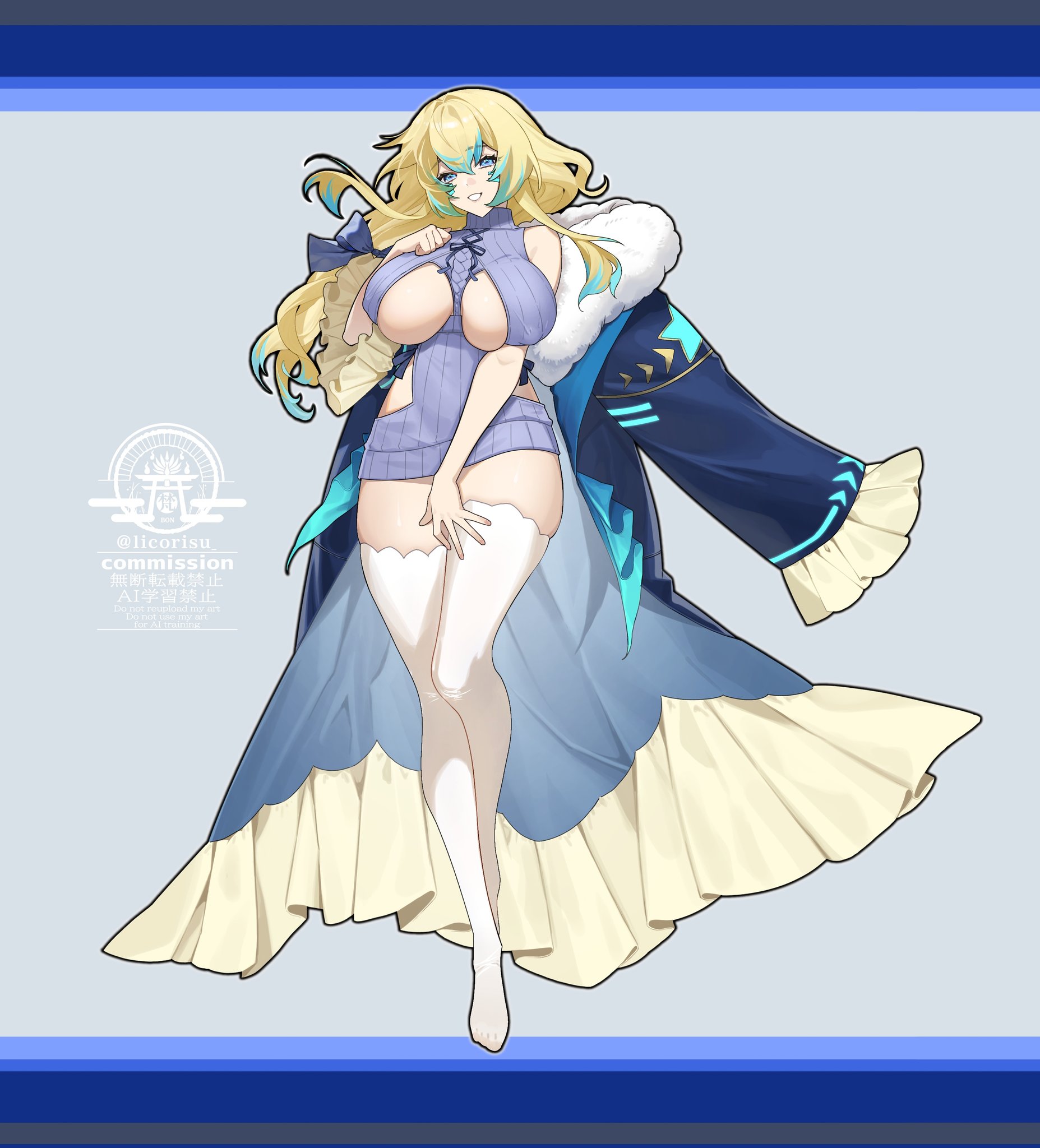 licorisu, ceru foxhound, vallure, commission, highres, skeb commission, 1girl, artist logo, black coat, blonde hair, blue eyes, breasts, coat, coat on shoulders, colored tips, large breasts, logo, long hair, multicolored hair, ribbed sweater, solo, sweater, thighhighs, twitter username, virtual youtuber, white thighhighs