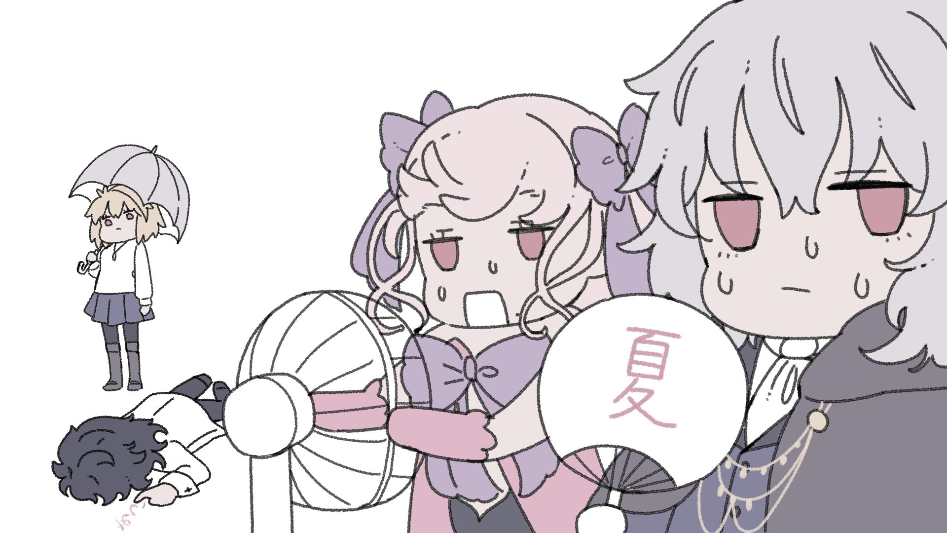 hashikko69, arcueid brunestud, dead apostle noel (tsukihime), michael roa valdamjong, noel (tsukihime), vlov arkhangel, tsukihime, tsukihime (remake), commentary request, highres, 2boys, 2girls, ahoge, ascot, black hair, black leotard, black pants, blonde hair, blood, blood writing, blue coat, blue skirt, boots, bow, brown boots, chibi, coat, collared shirt, dress, dying message, electric fan, face down, fur coat, grey hair, hair between eyes, hair bow, hair intakes, hand fan, holding, holding fan, holding umbrella, jewelry, leotard, looking at viewer, medium hair, miniskirt, mole, mole under mouth, multiple boys, multiple girls, necklace, on floor, open mouth, pants, pantyhose, pink dress, pink hair, red eyes, shirt, short hair, skirt, sweat, sweater, turtleneck, turtleneck sweater, umbrella, vampire, wavy hair, white shirt, white sweater