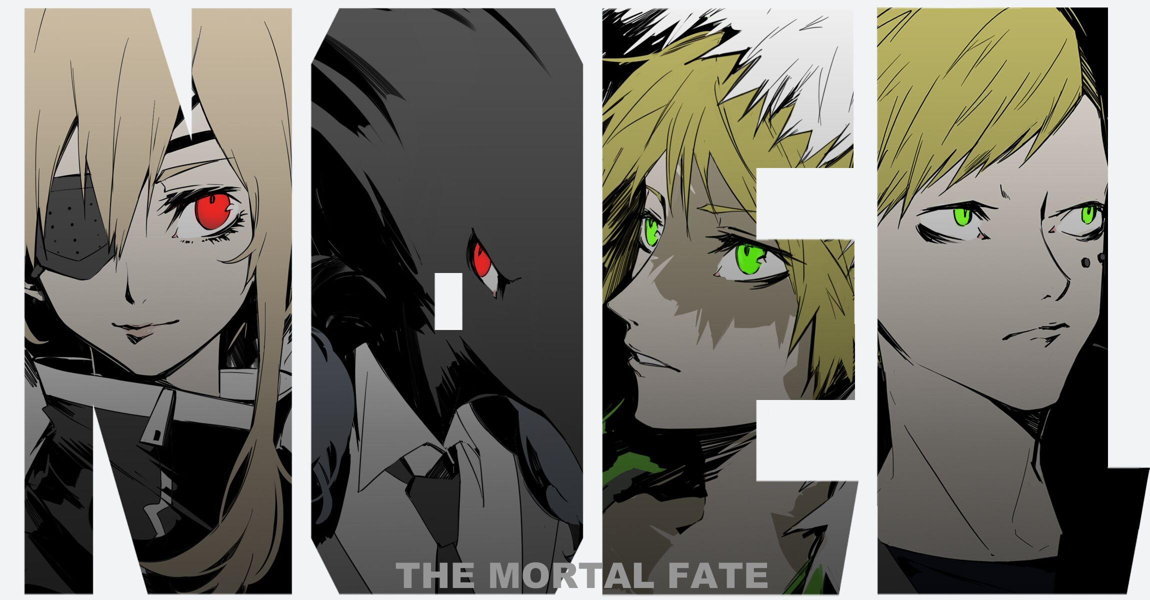 torano (the abyss), caron (higyaku no noel), fugo dressel, noel cerquetti, oscar dressel, higyaku no noel, highres, 1girl, 3boys, animal head, anti-eyebrow piercing, bird boy, black coat, black necktie, black skin, black suit, blonde hair, brothers, burn scar, coat, colored skin, demon boy, eyepatch, face piercing, formal clothes, fur-trimmed jacket, fur trim, green jacket, hood, hood up, jacket, long hair, multiple boys, necktie, piercing, red eyes, scar, short hair, siblings, suit, winter clothes, winter coat