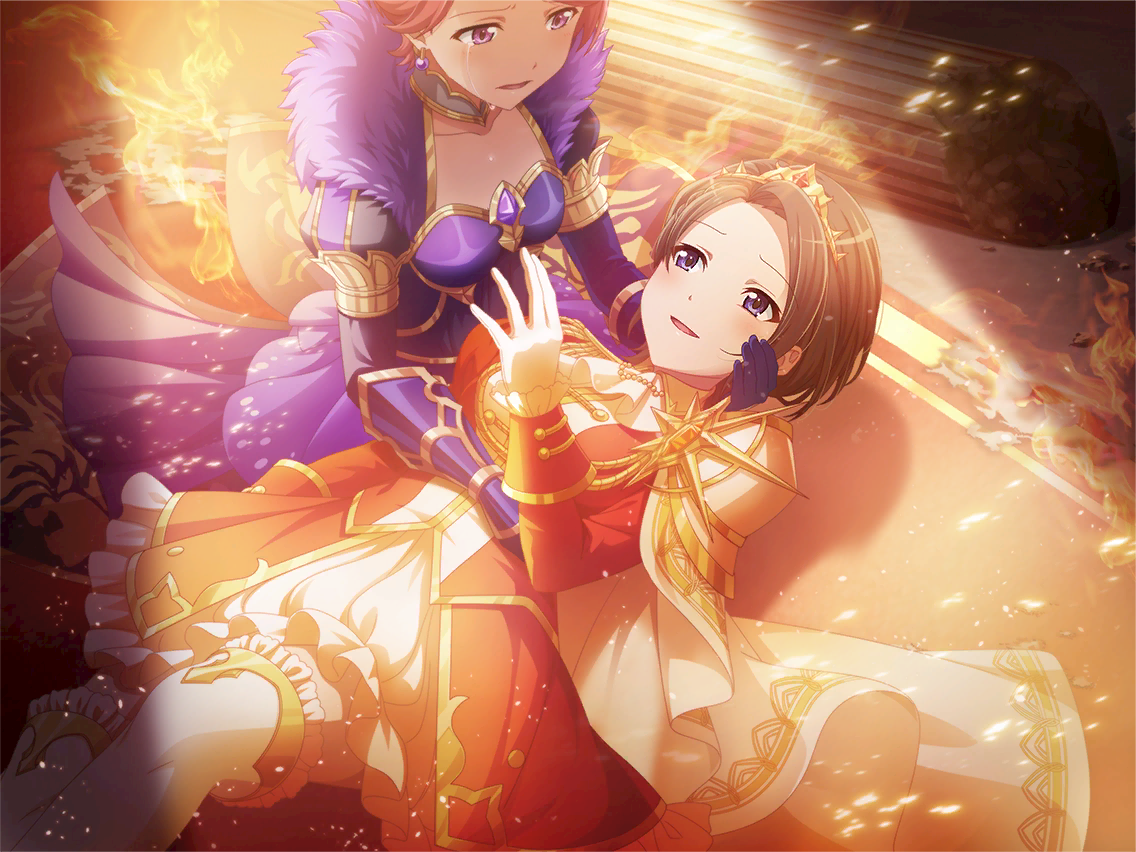 isurugi futaba, minase suzu, shoujo kageki revue starlight, shoujo kageki revue starlight -re live-, game cg, official art, 2girls, armor, black hair, cape, crown, crying, crying with eyes open, dress, earrings, frilled dress, frills, fur trim, gloves, jewelry, long sleeves, looking at another, lying, multiple girls, parted lips, purple dress, purple eyes, red dress, short hair, shoulder armor, sitting, solo focus, spotlight, tears, thighhighs, upper body, white cape, white gloves, white thighhighs