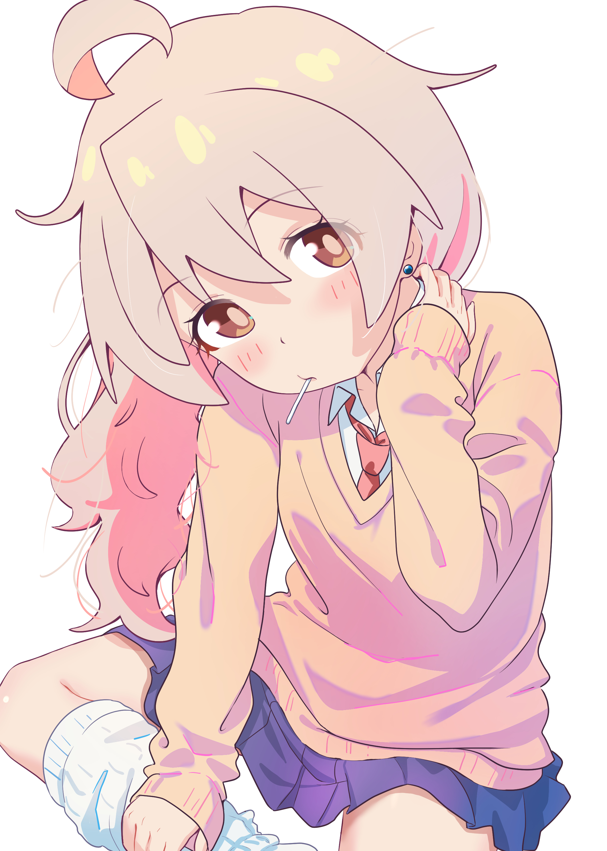 shiina excel, oyama mahiro, onii-chan wa oshimai!, absurdres, commentary request, highres, 1girl, ahoge, blue skirt, blush, brown eyes, brown sweater, collared shirt, long hair, loose socks, mouth hold, necktie, pink hair, pleated skirt, red necktie, school uniform, shirt, sitting, skirt, socks, sweater, thighs, white shirt, white socks