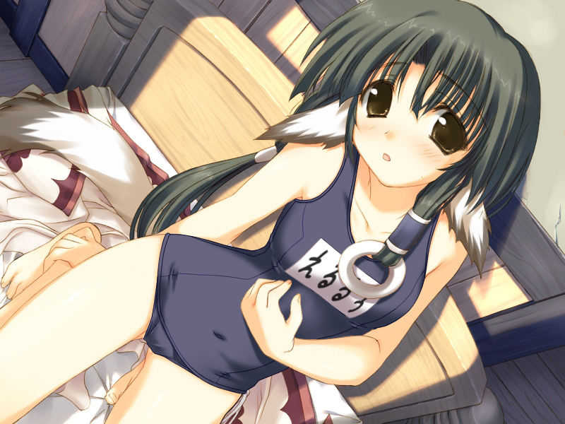 eruruu, utawarerumono, third-party edit, 00s, 1girl, animal ears, black hair, cameltoe, female focus, one-piece swimsuit, school swimsuit, solo, swimsuit