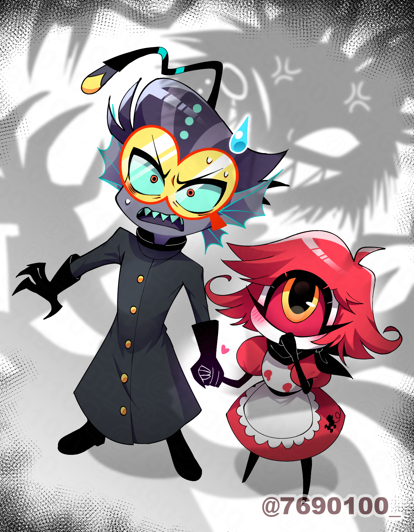 menattou, alastor (hazbin hotel), niffty (hazbin hotel), hazbin hotel, hellaverse, commentary request, highres, 1girl, 2boys, :d, ahoge, anger vein, apron, arms at sides, bandana, bandana around neck, baxter (hazbin hotel), black bandana, black boots, black coat, black gloves, black hair, black skin, blue sclera, blush, boots, coat, colored sclera, colored skin, covering own mouth, cyclops, dress, fewer digits, fins, flipped hair, frilled apron, frills, from above, full body, gloves, goggles, grin, hair slicked back, hand up, head fins, heart, height difference, high heel boots, high heels, holding hands, long sleeves, looking at another, maid apron, medium dress, monocle, multiple boys, one-eyed, open mouth, puffy short sleeves, puffy sleeves, red-framed eyewear, red eyes, red hair, red sclera, shadow, sharp teeth, short hair, short sleeves, simple background, smile, standing, sweat, teeth, tinted eyewear, tongue, twitter username, uneven eyes, upper teeth only, v-shaped eyebrows, very short hair, vignetting, white apron, white background, white dress, white skin, yellow-tinted eyewear, yellow eyes