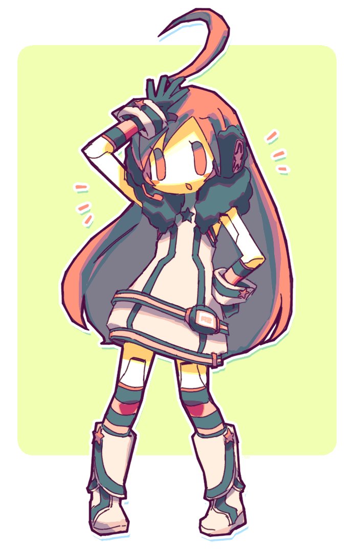 negiwave2000, sf-a2 miki, vocaloid, hashtag-only commentary, 1girl, ahoge, android, black gloves, black thighhighs, boots, dress, full body, fur dress, gloves, hand on own forehead, hand on own hip, headset, huge ahoge, joints, knee boots, long hair, open mouth, orange eyes, orange hair, orange thighhighs, robot joints, sleeveless, sleeveless dress, solo, star (symbol), striped clothes, striped thighhighs, thighhighs, two-tone thighhighs, very long hair, white boots, white dress