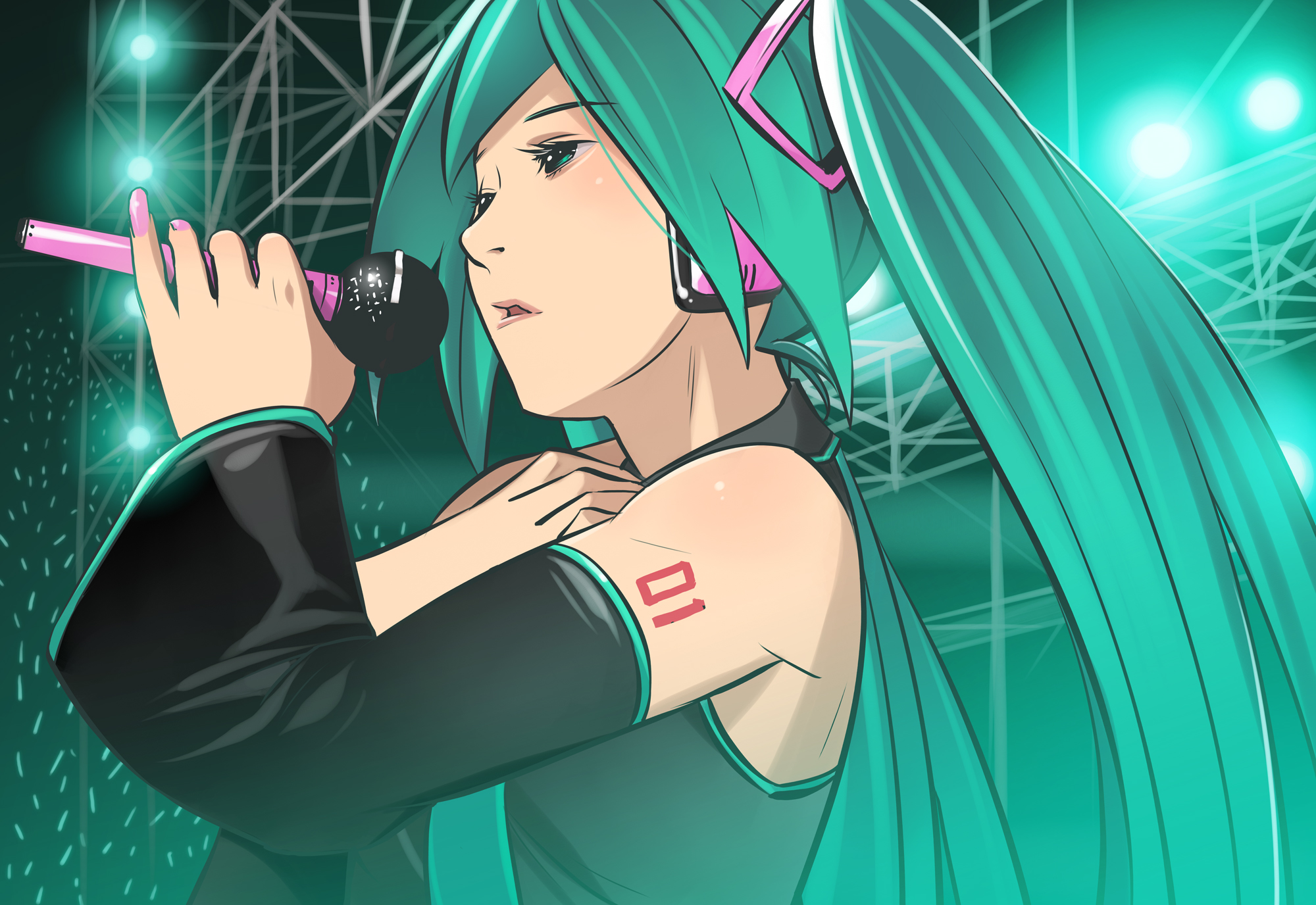 xr650r, hatsune miku, vocaloid, bad id, bad pixiv id, highres, 1girl, bare shoulders, detached sleeves, female focus, fingernails, green eyes, green hair, headphones, long fingernails, long hair, matching hair/eyes, microphone, music, nail (hardware), nail polish, necktie, pink nails, shirt, singing, solo, tattoo, twintails, very long hair