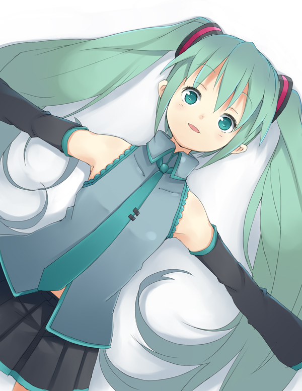 amaa (chou dennou jidai), hatsune miku, vocaloid, bad id, bad pixiv id, 1girl, aqua eyes, detached sleeves, female focus, gradient background, green hair, long hair, necktie, skirt, solo, twintails, white background