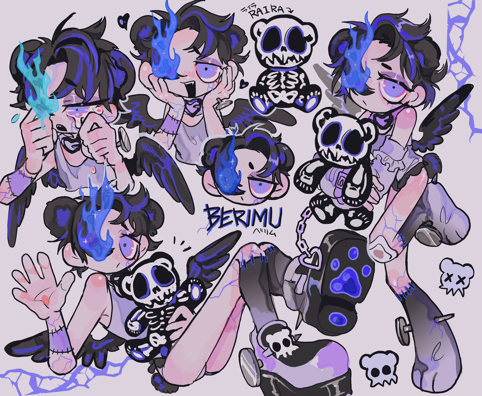 amatou akuma, original, highres, 1boy, aqua fire, ass, bare shoulders, bear boy, bear tail, beard stubble, belt, black buckle, black feathers, black frills, black hair, black shoes, black skin, black tail, black wings, blue fire, blue hair, blue veins, bottomless, buckle, bulge, chain, character name, closed mouth, collar, colored extremities, colored shoe soles, colored skin, crying, crying with eyes open, expressionless, fang, feathered wings, feathers, feet up, fire, flaming eye, frilled arm warmers, frilled shirt, frills, full body, hair over one eye, half-closed eyes, hand up, hands on own face, hands up, heart, heart-shaped buckle, holding, holding stuffed toy, injury, jewelry, jitome, legs together, looking at viewer, looking to the side, lying, male focus, male underwear, mini wings, multicolored hair, multicolored skin, multiple views, nail (hardware), notice lines, on back, one eye covered, open mouth, pawpads, platform shoes, purple arm warmers, purple belt, purple buckle, purple collar, purple eyes, purple hair, purple shirt, purple shoes, purple skin, purple straps, scar, shirt, shoes, short hair, sideways glance, simple background, skeleton, skeleton print, skull, sleeveless, sleeveless shirt, smile, solo, stitches, streaked hair, stubble, stuffed animal, stuffed toy, tail, tank top, tearing up, tears, teddy bear, teeth, two-tone hair, underwear, upper body, upper teeth only, veins, waving, white background, wings, wiping face, wiping tears