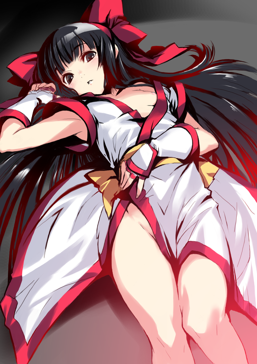 kawata hisashi, nakoruru, samurai spirits, snk, highres, 1girl, armpits, black eyes, black hair, blush, bow, breasts, female focus, fingerless gloves, flat chest, gloves, hair bow, hairband, japanese clothes, long hair, lying, nipple slip, nipples, no bra, no panties, obi, red bow, ribbon, sash, solo