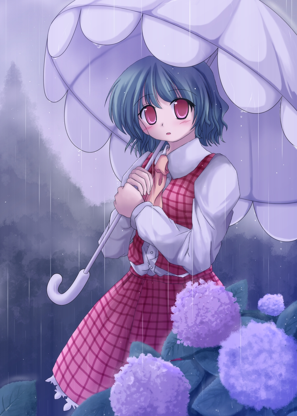 lzh, kazami yuuka, touhou, highres, 1girl, ascot, blush, female focus, flower, green hair, head tilt, hydrangea, nature, plaid clothes, plaid skirt, plaid vest, rain, red eyes, short hair, skirt, skirt set, solo, umbrella, vest