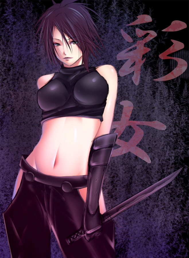 ayame (tenchuu), acquire, fromsoftware, tenchu, tenchuu, blade, revision, 1girl, bare shoulders, black hair, breasts, clothing cutout, contrapposto, female focus, gloves, halterneck, hip vent, impossible clothes, impossible shirt, japanese clothes, knife, kodachi, large breasts, midriff, navel, ninja, ponytail, reverse grip, shirt, short hair, short sword, sleeveless, solo, standing, sword, weapon