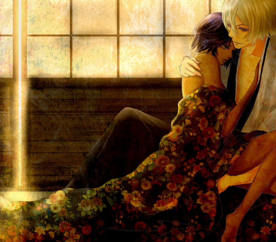 maboroshi, shihouin yoruichi, urahara kisuke, bleach, bad id, bad pixiv id, 00s, 1boy, 1girl, blonde hair, couple, dark-skinned female, dark skin, floral print, hetero, hug, japanese clothes, on floor, purple hair, sitting, window, yellow eyes