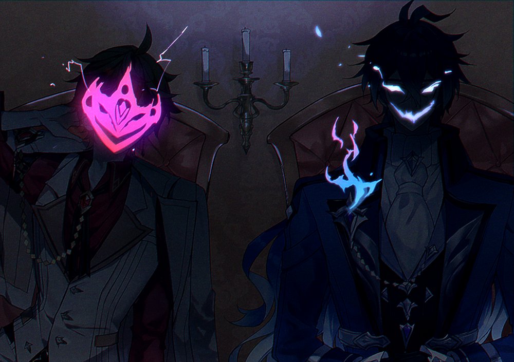 torisukedesu, flins (genshin fes 2026) (genshin impact), flins (genshin impact), tartaglia (genshin fes 2026) (genshin impact), tartaglia (genshin impact), genshin impact, ascot, black gloves, black hair, blue coat, blue eyes, blue hair, closed mouth, coat, gloves, hair between eyes, holding, long hair, looking at viewer, male focus, multicolored hair, multiple boys, official alternate costume, orange hair, shirt, short hair, smile, white shirt, yellow eyes