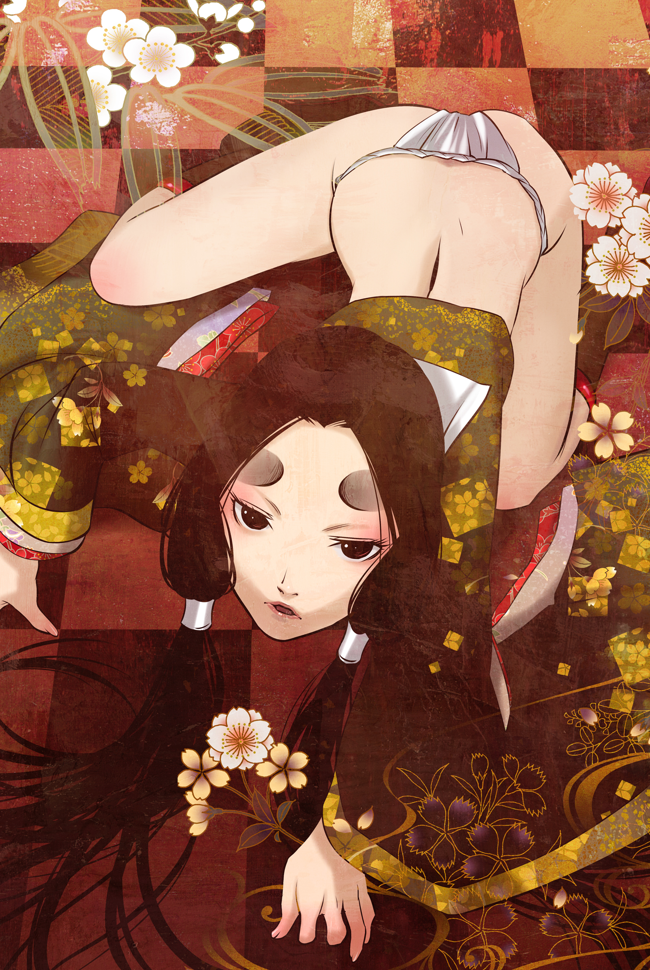 xr650r, original, bad id, bad pixiv id, highres, all fours, ass, black hair, brown eyes, floral print, flower, fundoshi, japanese clothes, kimono, long hair, looking up, panties, socks, solo, twintails, underwear, very long hair