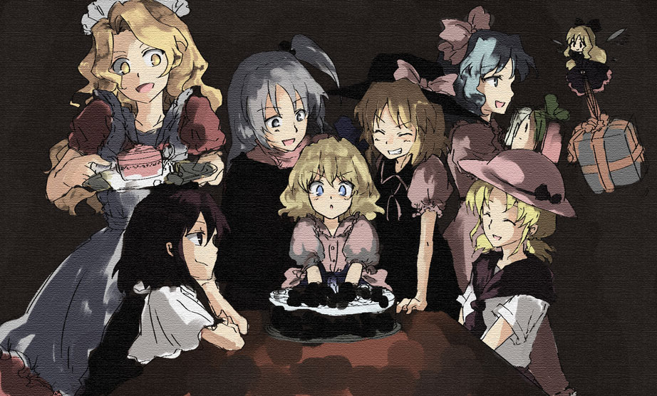 akizuki maku, maku (nico), alice margatroid, alice margatroid (pc-98), louise (touhou), mai (touhou), sara (touhou), shanghai doll, shinki (touhou), yuki (touhou), yumeko (touhou), mystic square, touhou, touhou (pc-98), 6+girls, cake, demon, doll, female focus, food, gift, maid, multiple girls, side ponytail, sketch, witch