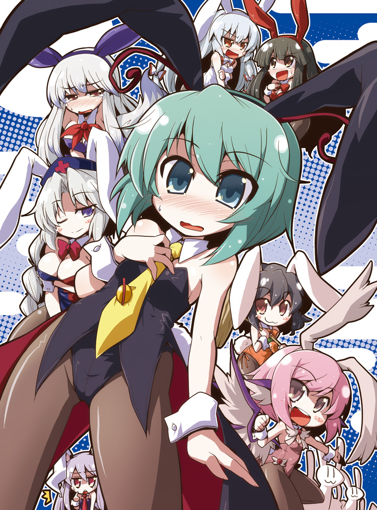 akaneya, fujiwara no mokou, houraisan kaguya, inaba tewi, kamishirasawa keine, mystia lorelei, reisen udongein inaba, wriggle nightbug, yagokoro eirin, touhou, silver hair, bad id, bad pixiv id, 6+girls, :3, ^^^, animal ears, antennae, aqua hair, bare shoulders, blue eyes, blush, bow, bowtie, breasts, brown hair, cameltoe, cleavage, everyone, fake animal ears, female focus, hand on another's chest, hand on own chest, long hair, multiple girls, naughty face, necktie, no nose, one eye closed, open mouth, pantyhose, pink hair, playboy bunny, pointing, polka dot, polka dot background, rabbit, rabbit ears, red eyes, short hair, small breasts, smile, wavy mouth, wings, wink, wrist cuffs, yellow necktie, | |