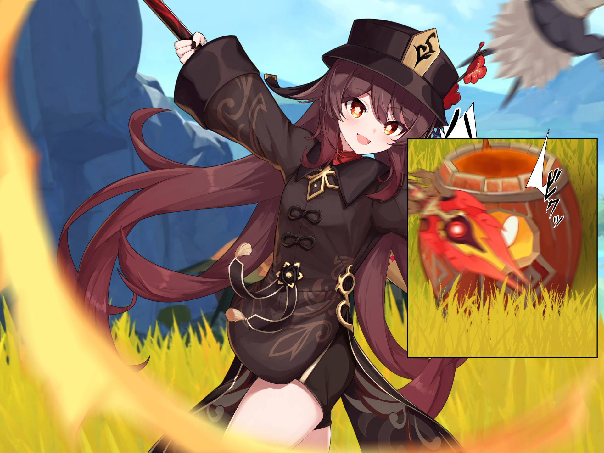 kurotsubete, hilichurl (genshin impact), hu tao (genshin impact), pyro slime (genshin impact), slime (genshin impact), genshin impact, highres, 1girl, black hat, black nails, blush, breasts, brown hair, brown shirt, flower, flower-shaped pupils, grass, hair flower, hair ornament, hat, holding, holding polearm, holding weapon, jewelry, long hair, looking at viewer, open mouth, polearm, red eyes, ring, shirt, small breasts, speech bubble, staff of homa (genshin impact), symbol-shaped pupils, tall grass, thighs, twintails, weapon