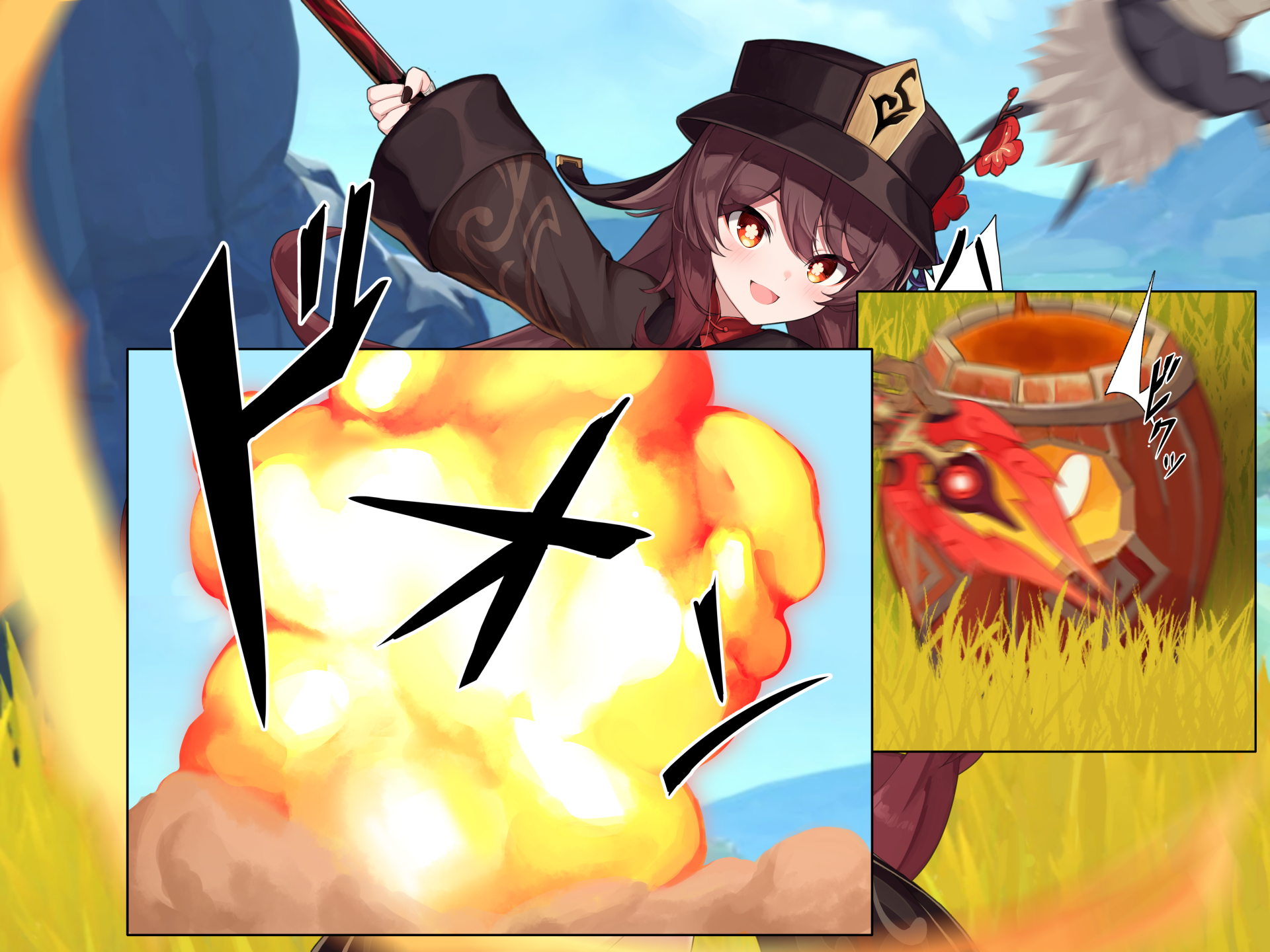 kurotsubete, hilichurl (genshin impact), hu tao (genshin impact), pyro slime (genshin impact), slime (genshin impact), genshin impact, highres, 1girl, black hat, black nails, blush, breasts, brown hair, brown shirt, explosion, flower, flower-shaped pupils, grass, hair flower, hair ornament, hat, holding, holding polearm, holding weapon, jewelry, long hair, looking at viewer, medium breasts, open mouth, polearm, red eyes, ring, shirt, speech bubble, staff of homa (genshin impact), symbol-shaped pupils, tall grass, twintails, weapon