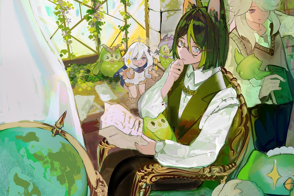 kyoukaraa, cyno (genshin impact), duo (duolingo), paimon (genshin impact), tighnari (genshin impact), duolingo, genshin impact, 1girl, 2boys, animal ear fluff, animal ears, beret, black hair, blonde hair, book, cyno (duolingo) (genshin impact), fox boy, fox ears, glasses, green eyes, green hair, grey hair, hair over one eye, halo, hat, holding, holding book, long sleeves, multicolored hair, multiple boys, official alternate costume, open mouth, short hair, tighnari (duolingo) (genshin impact), white hair