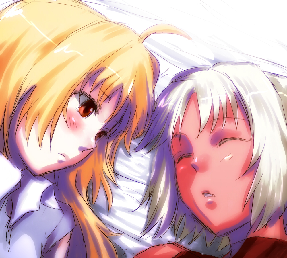 ririclub, canaan (character), oosawa maria, 428, 428: fuusa sareta shibuya de, canaan (series), chunsoft, 2girls, ahoge, blonde hair, blush, brown eyes, closed eyes, multiple girls, red eyes, sleeping, white hair, yuri