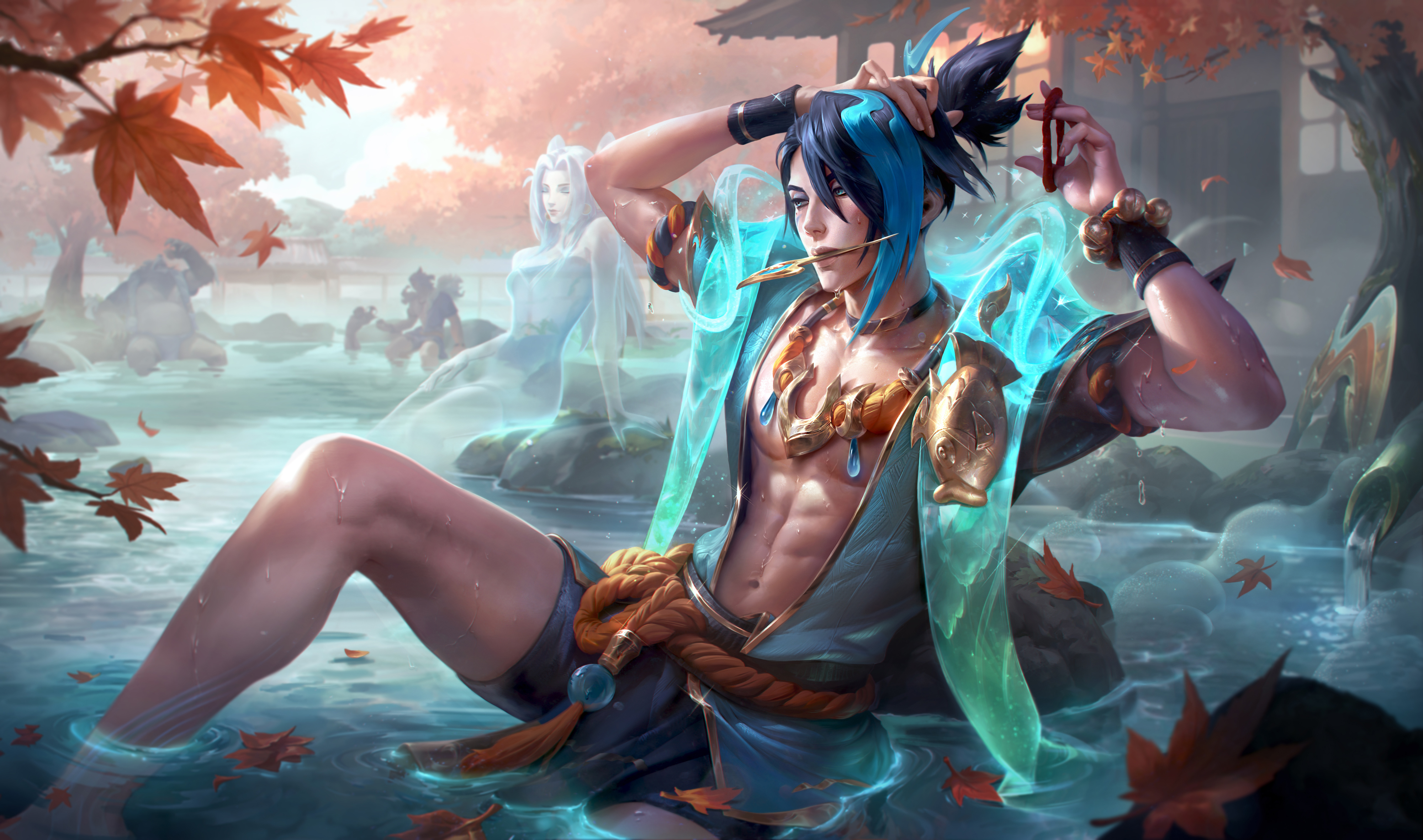 alune (league of legends), sett (league of legends), spirit blossom springs sett, spirit blossom springs volibear, volibear, league of legends, absurdres, commentary, english commentary, highres, official art, 1girl, 3boys, abs, architecture, arms up, bead bracelet, beads, black hair, blake byun, bracelet, choker, east asian architecture, hair tie, hand in own hair, holding, holding hair tie, holding own hair, jewelry, knee up, leaf, male focus, maple leaf, maple tree, multicolored hair, multiple boys, onsen, outdoors, partially submerged, prestige spirit blossom springs aphelios, reclining, rope belt, shorts, solo focus, toned, toned male, tree, two-tone hair, tying hair, water, wet