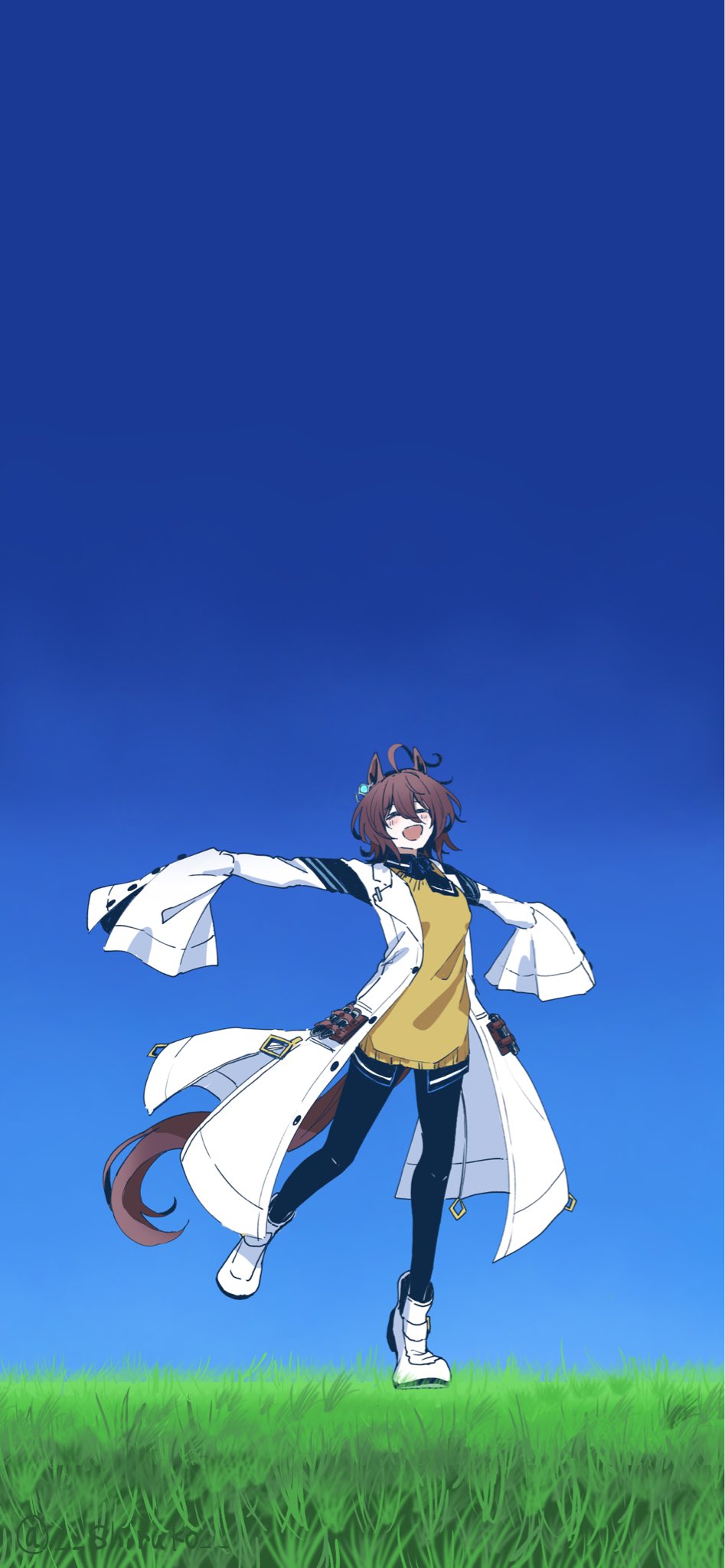 shiruko (oshiruko), agnes tachyon (tach-nology) (umamusume), agnes tachyon (umamusume), umamusume, highres, 1girl, ahoge, animal ears, blush, brown hair, chemical structure, closed eyes, earrings, hair between eyes, horse ears, horse girl, horse tail, huge ahoge, jewelry, lab coat, long sleeves, medium hair, necktie, open mouth, scenery, shirt, short hair, short necktie, single earring, sleeves past fingers, sleeves past wrists, smile, solo, sweater, tail, test tube, wolf cut, yellow sweater