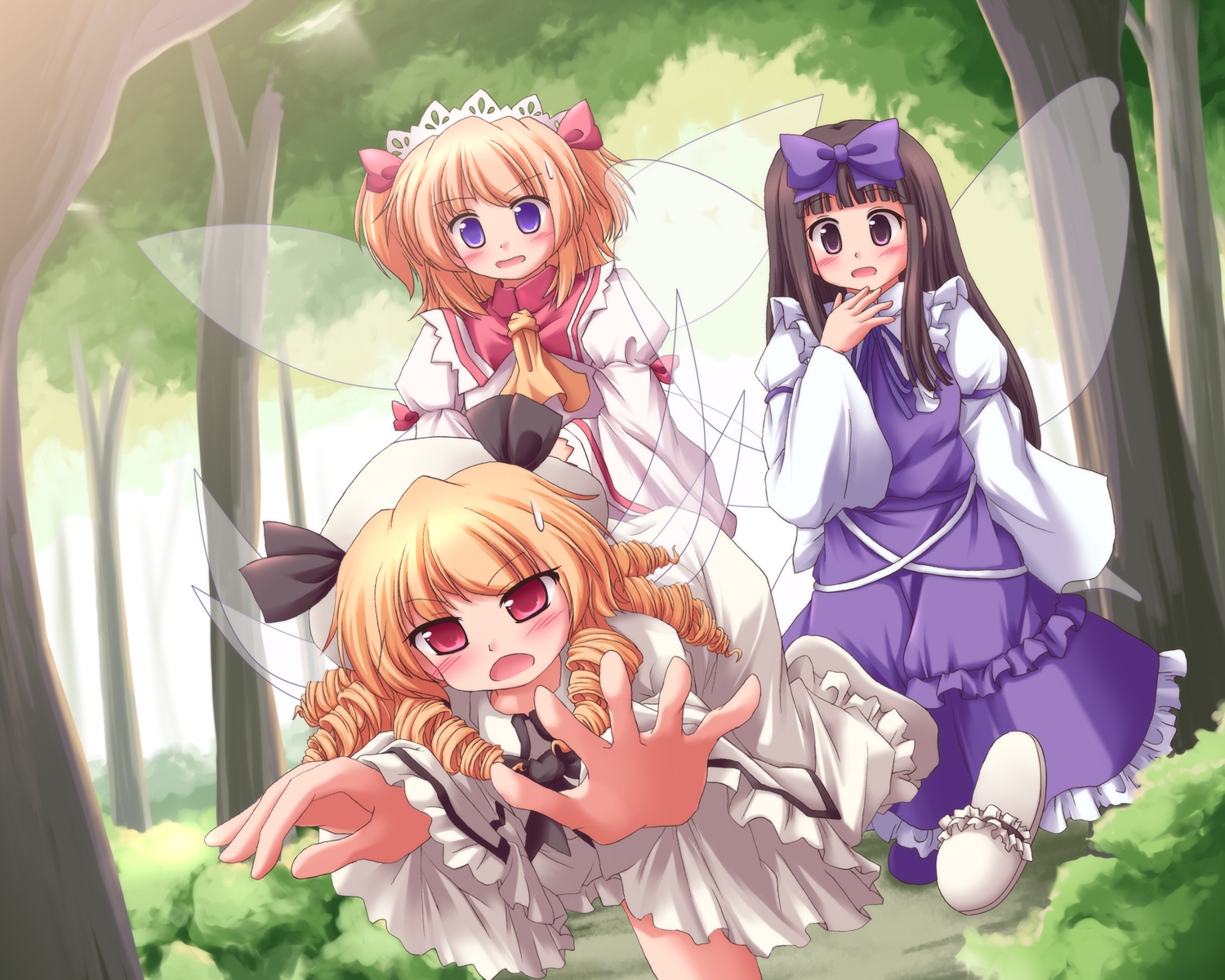 lzh, luna child, star sapphire, sunny milk, perfect memento in strict sense, touhou, highres, 3girls, blonde hair, bow, brown hair, drill hair, fairy wings, female focus, forest, hair bow, hat, multiple girls, nature, purple eyes, red eyes, shoes, single shoe, slippers, sweatdrop, tree, tripping, twintails, wide sleeves, wings